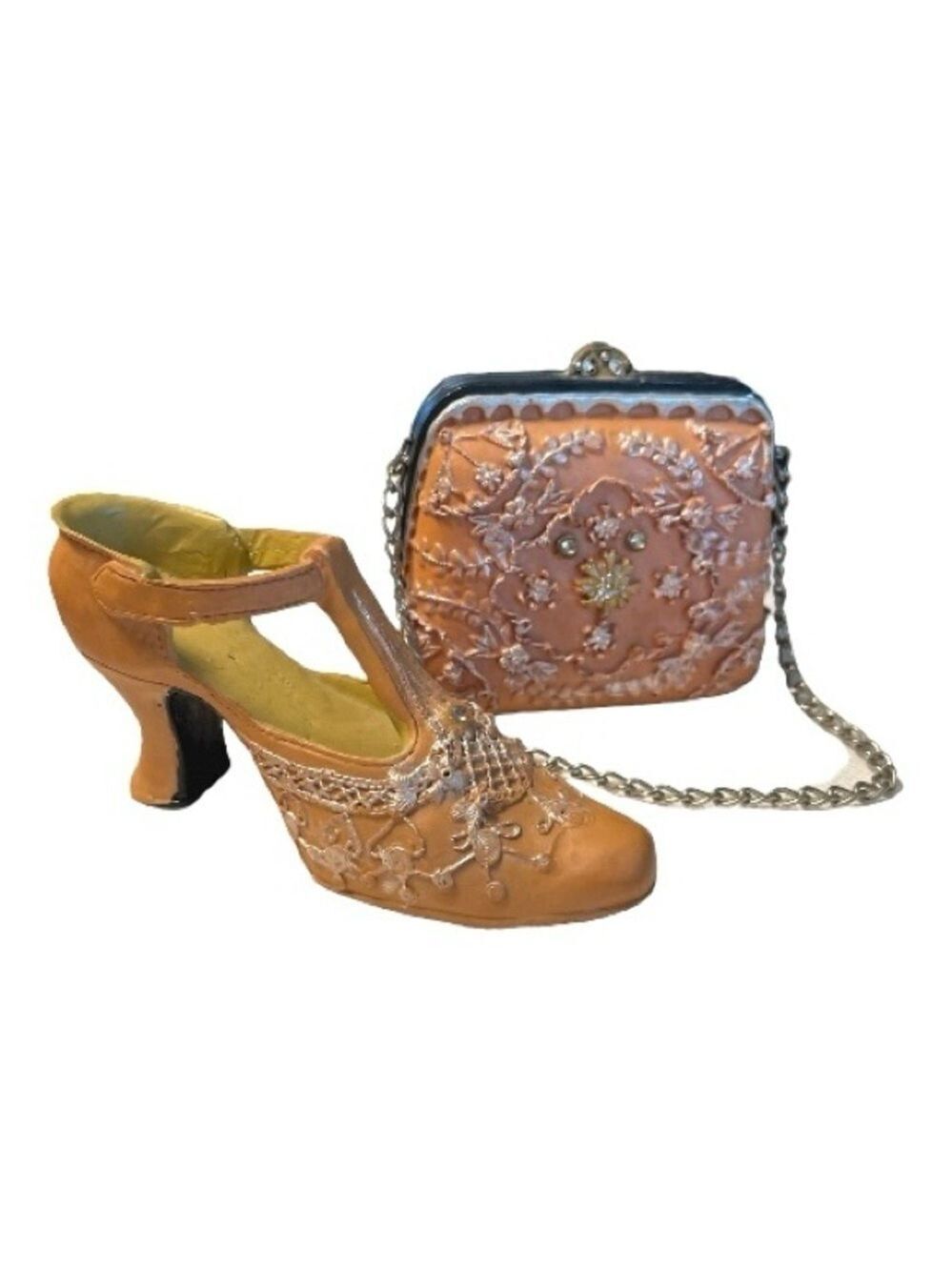 Nostalgia "If the Shoe Fits". Miniature Pump & Purse, Peach Lace & Embroidery.